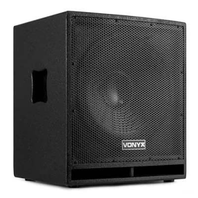 Image de VONYX SWP15 Caisson de Basse Actif 800W, Phase Réglable, Entrée/Sortie XLR + RCA, Amplificateur Intégré, Insert sur la Face Supérieure pour Enceinte Active, Grave 15&quot;, Idéal DJ Mobile