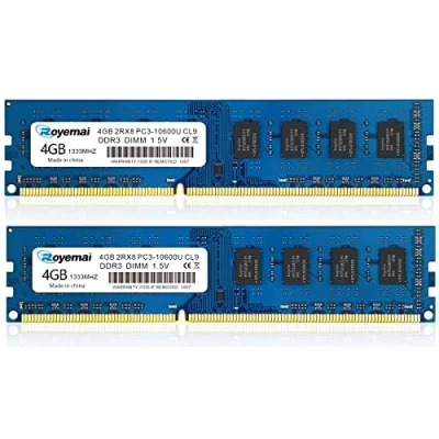 Image de DUOMEIQI Kit 8 Go (2X4 Go) DDR3 10600 PC3 10600U 1333 MHz 2Rx8 240 Broches Dimm CL9 1,5 V Mémoire RAM de Bureau