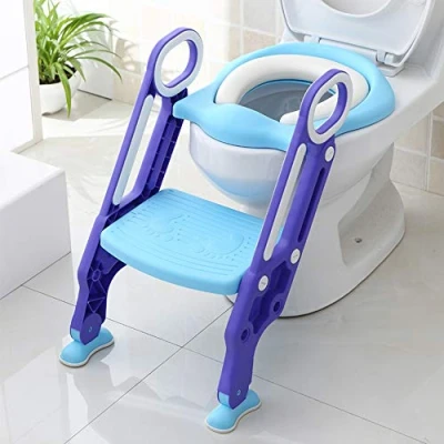 Image de Réducteur Toilette Enfant avec Marche, Pot WC Bebe, Coussin Doux, Siege Reducteur pour Bébé Pliable, adapté aux Toilettes en Forme de V, U, O (Bleu Violet)