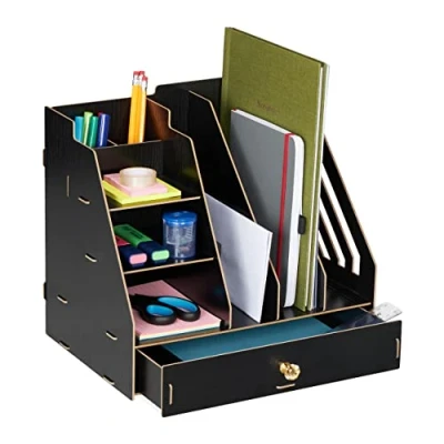 Image de Relaxdays Organiseur bureau, 3 porte documents, étagères, 2 stylos, 1 tiroir, école, DIY, MDF, noir
