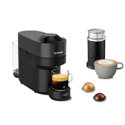 Image de Nespresso De&#039;Longhi ENV90.BAE Vertuo Pop Machine à café capsules + mousseur lait Aeroccino, prépare 4 tailles de tasses, technologie centrifusion, pack bienvenue inclus, 1260 W, noir