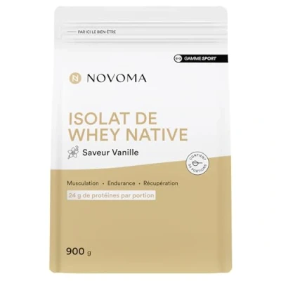 Image de NOVOMA Whey Isolate Native, Protéine Pure Non Dénaturée, 24g de Protéines par Portion, Saveur Vanille, Musculation et Récupération, 30 Portions, Sachet 900g, Fabriqué en France