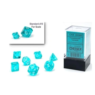 Image de Chessex Dice Set de dés polyédriques en plastique translucide bleu sarcelle/blanc 10 mm D&amp;D DND TTRPG Avec 7 D4 D6 D8 D10 D12 D20 D%