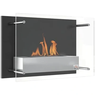 Image de HOMCOM Cheminée bioéthanol Murale encastrable brûleur 1.5 L, Environ 3 h de durée Combustion dim. 60L x 22l 40H cm Couverture 20 25 m² Acier INOX