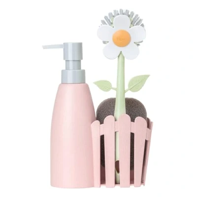 Image de VIGAR Set de Nettoyage Vaisselle Brosse à Vaisselle, Éponge et Distributeur Savon 14 x 7 26,5 cm Florganic avec Fibres Nylon pour récurer la sans rayer Rose