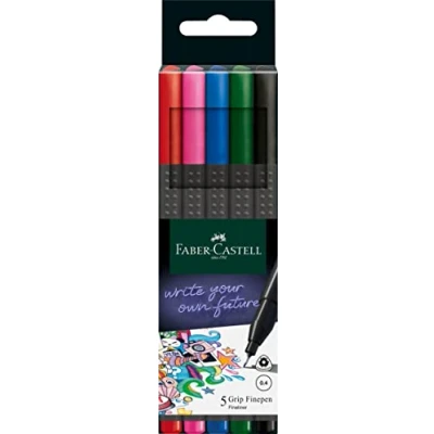 Image de Faber Castell 151604 Grip Finepen, Fineliner basic, avec pointe fibre 0.4 mm à corps métallique, étui 5 pièces