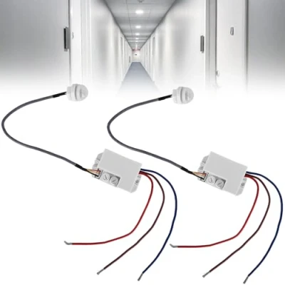 Image de Lot de 2 mini détecteurs mouvement infrarouges : portée 6 m/120, détecteur PIR encastrable IP20 220 V, petit capteur avec crépusculaire, durée d&#039;éclairage réglable pour