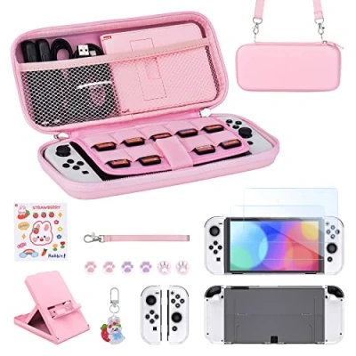 Image de Younik Pack d&#039;Accessoires Switch OLED, Kit Rose 17 en 1 pour Filles Comprenant un Etui de Transport Switch, Support Réglable, Protection Console et J Con