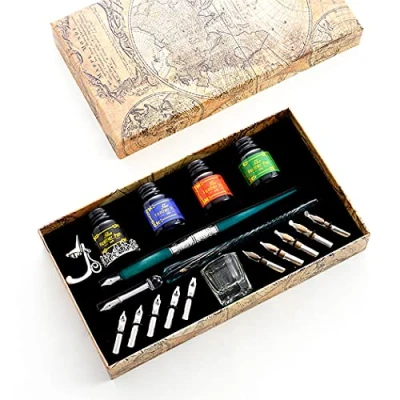Image de Abcsea Ensemble de Stylos en Verre, Stylo Dip a Plume Calligraphie, Kit Calligraphie Plume, Verre 2 Vert avec 4 Bouteilles D&#039;encre