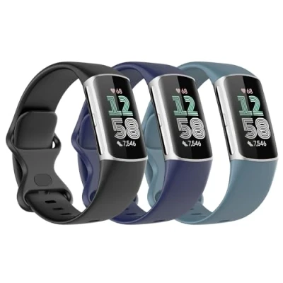 Image de Astorgos 3 Pièces Bracelet de Montre Compatible avec Fitbit Charge 6/Fitbit 5 pour Femme Homme, Remplacement en TPE Souple, Noir/Bleu Foncé/Bleu