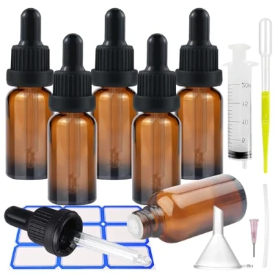 Image de Impoditiongs Lot de 6 Flacons Compte gouttes 20 ml, en Verre Ambre avec Pipettes, Bouchon à Noir Ensemble, pour Huile Essentielle, Aromathérapie (Marron)