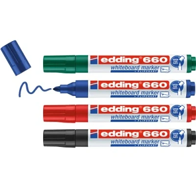 Image de edding 660 Marqueur pour tableaux blancs multi couleur 4 stylos pointe ronde 1,5 3 mm feutre effaçable blanc, magnétique, mémo et chevalet de conférence rechargeable