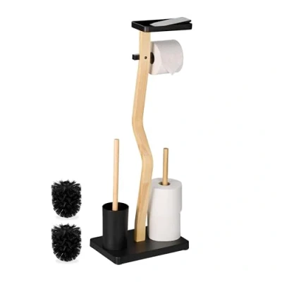 Image de Relaxdays Serviteur WC Non Fixe, avec Support pour téléphone, H x L P : 80 30 20 cm, Noir et Nature