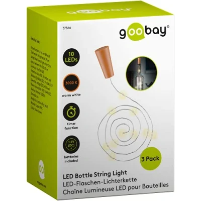 Image de goobay 57866 Lot de 3 guirlandes lumineuses à 10 LED pour bouteilles/fonction minuteur/minuteur/avec piles dans le bouchon / 1 m/Transparent