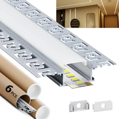Image de HOOLED Profile LED pour bandes 2 m x 6 pièces Tot 12 Profilé avec couvercle PC mat, Tailles W28 mm (ailettes 64,2 mm) H10 mm, Prend en charge la largeur maximale de bande 20,2