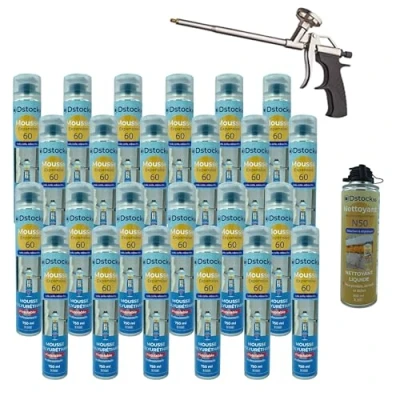 Image de DSTOCK60 Lot de 24 mousses expansives pistolables 750 ml + 1 Nettoyant Mousse pistolet polyuréthane professionnelle Isole, colle et rebouche Extérieur intérieur
