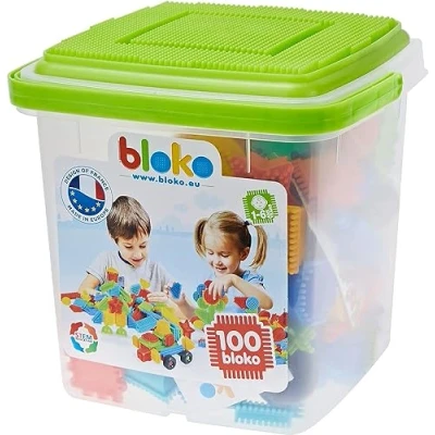 Image de BLOKO Baril de Rangement 100 avec 1 Plaque Jeu (Vert) Dès 12 Mois Fabriqué en Europe Jouet Construction 1er âge 503553