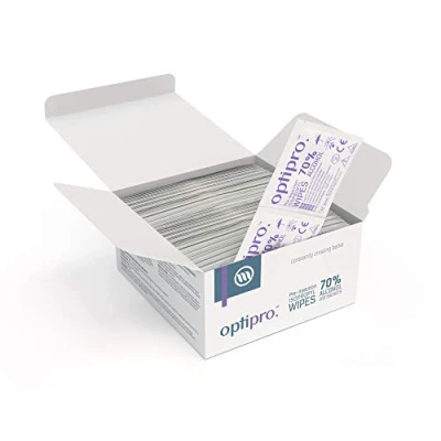 Image de Lingettes Alcool Isopropylique 70% Pré Injection OptiPro de Nettoyage pour la Peau et les Mains Emballées Individuellement (Lot 200)