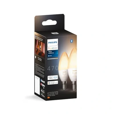 Image de Philips Hue White Ambiance, ampoule LED connectée flamme E14, compatible Bluetooth, pack de 2, fonctionne avec Alexa, Google Assistant et Apple Homekit