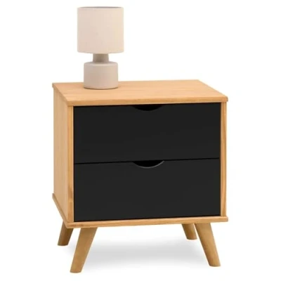 Image de table de chevet COLIMA en bois massif noir avec 2 tiroirs, nuit pour chambre sur pieds