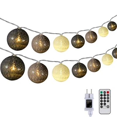 Image de DeepDream Guirlande Lumineuse Coton Boules, 5M 20 LED Chaîne Lumière avec Prise, Intérieure Télécommande pour Chambre de Bébé Mariage Noël Fête(Gris)