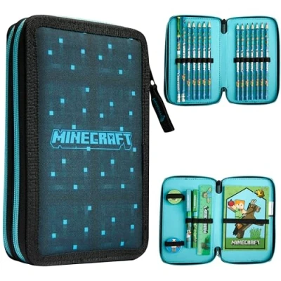 Image de Minecraft Trousse Scolaire Enfants avec Plusieurs Compartiment, Papeterie Incluse Ecole Fourniture (Bleu/Noir)