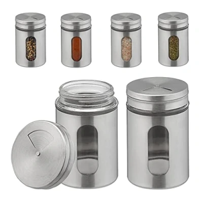 Image de relaxdays Saupoudreuse à épices, Lot de 6, XL, 3 Tailles Trou, Herbes, 290 ML, Verre et Acier Inoxydable, argenté