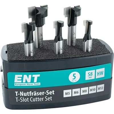 Image de ENT 09055 Coffret de 5 fraises à rainure pour défonceuse en T M5, M6, M8, M10 et M12, queue 8mm, métal dur, outil vis tête hexagonale avec filetage métrique