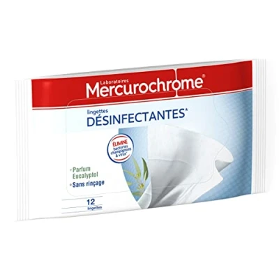 Image de MERCUROCHROME Lingettes Désinfectantes Eliminent les Bactéries, Champignons et Virus Multi Usages Etui Fraicheur Sans Rinçage 12