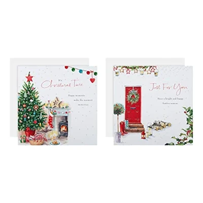 Image de Hallmark Lucy Cromwell Lot de 16 cartes Noël caritatives en 2 motifs classiques Cromwell, porte rouge, arbre