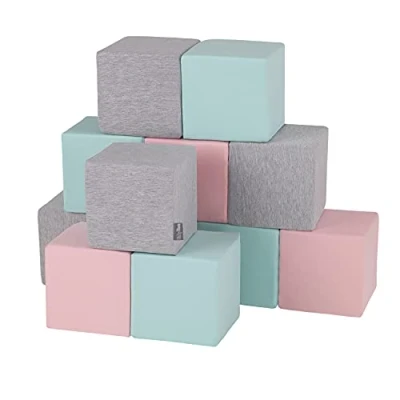 Image de KiddyMoon Blocs Mous pour Bébé 12 Pièces Cubes De Construction en Mousse 14Cm, Cubes: Gris Clair/Rose/Menthe