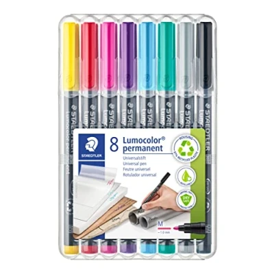 Image de Staedtler Lumocolor Permanent 317 Etui Chevalet Box 8 Feutres Permanents Pointe Moyenne 1 mm Assortis Wp8