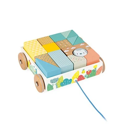 Image de Janod Chariot de Cubes à Promener en Bois Pure Jouet d&#039;Eveil Premier Âge 16 Inclus Apprentissage Motricité Peinture l&#039;Eau Dès 18 Mois, J05152