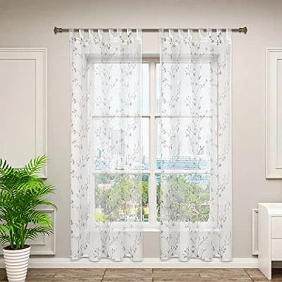 Image de WOLTU 2 x Rideaux à Pattes Motif de Fleurs Transparentes Voilages avec Boucles en Aspect Lin Décor pour Salon Fenêtre Blanc 140x245 cm, VH6060ws