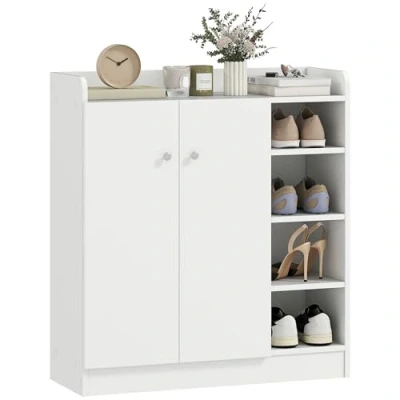 Image de HOMCOM Meuble de Rangement à Chaussures pour entrée Armoire avec 4 Compartiments Ouverts et Placard Double Porte étagère réglable 83L x 30l 90H cm Blanc