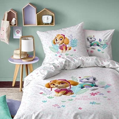 Image de PAT PATROUILLE PARADISE Parure de Lit Enfant 140x200 cm 100% Coton OEKO TEX Housse Couette 1 Personne + Taie d&#039;Oreiller 63x63 Imprimées Réversibles Blanc