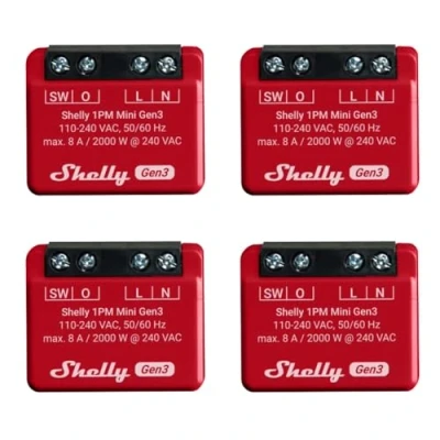 Image de Shelly 1PM Mini Gen3 Lot de 4 relais commutateur intelligent Wi Fi et Bluetooth, 1 canal 8 A avec mesure puissance, domotique, compatible Alexa Google Home, application iOS Android