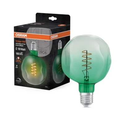 Image de OSRAM Vintage 1906 green tinted LED lamp, 4.5W, 180lm, globe shape with 124mm diameter &amp; E27 base, warm white light, spiral filament, dimmable, life of up to 15,000 hours