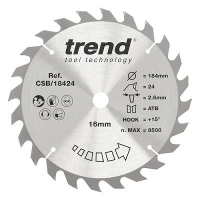 Image de Trend Lame de Scie Circulaire pour Bois, 184 mm Diamètre, 16 d&#039;Alésage, 24 Dents, TCT, 2,6 Trait Scie, +15 Crochet, CSB/18424