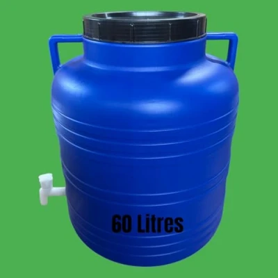 Image de Réservoir Bidon Plastique Alimentaire 60 litres avec Couvercle Grande Ouverture et Robinet Stockage Eau, Huiles, Fermentation Choucroute Cuve Hermétique Robuste
