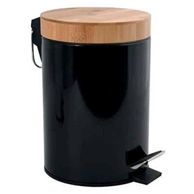 Image de MSV Poubelle de Salle Bain 3 litres en Acier Inoxydable et Bambou avec système d&#039;abaissement Automatique Seau intérieur Aza Noir
