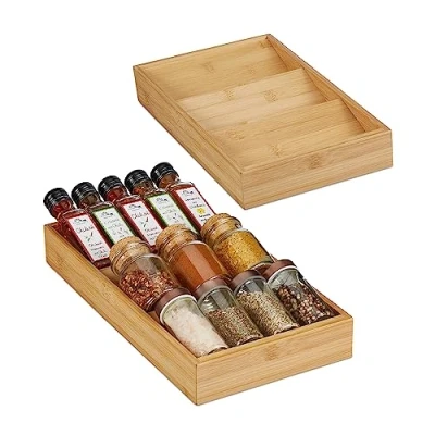 Image de Relaxdays Range épices pour Le tiroir, Lot de 2, 3 Compartiments, Horizontal, Bambou, HLP 5x20x38 cm, Nature