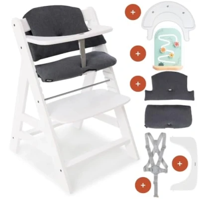 Image de hauck Chaise Haute Bébé Alpha Plus en Bois, Inclus Plateau Play Tray, Jouet Bebe Planting Flowers et Coussin, à Partir de 6 Mois, Réglable Blanc