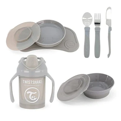Image de Twistshake Ensemble de Vaisselle pour Bébé 4 Pièces 1x Set Table 1 Assiette Bol 3 Couverts Inox Gobelet 6 Mois et Plus Gris Clair
