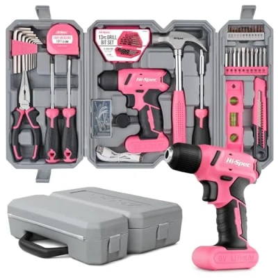 Image de Hi Spec Perceuse Visseuse devisseuse sans Fil 8V Rose Boite a Outils Complete avec de Bricolage Embouts, Forets, Marteau, Tournevis et Plus Travaux, Entretien Réparations à Domicile
