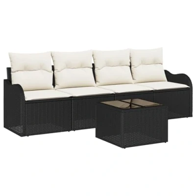 Image de Ensemble de Canapé Jardin 5 Pièces avec Coussins Noir Rattan Poly, 2 Places 3345567