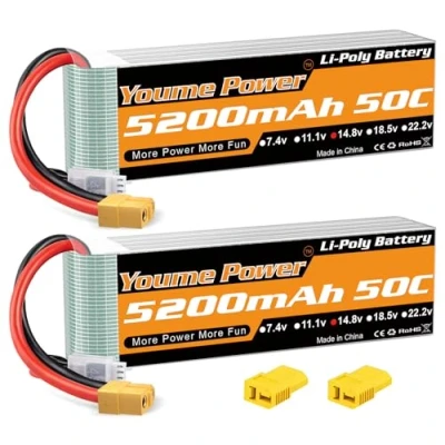 Image de Youme Batterie Lipo 4s 5200 mAh, 14,8 V 50C XT60 avec connecteur Deans T pour Voiture RC, Camion Truggy Avion RC UAV Drone FPV (2 Paquets)