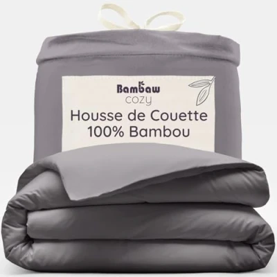 Image de Bambaw Housse de Couette 155x220 cm, Draps Lit en Bambou, Douce, Hypoallergénique et Respirante, 1 Personne Gris Foncé