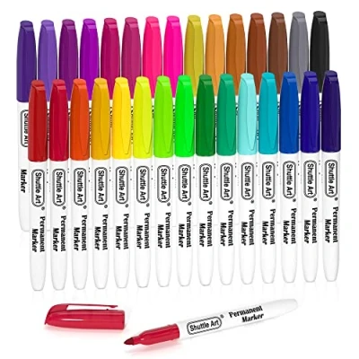 Image de Shuttle Art Marqueurs Indélébiles Multicolores, 30 Couleurs de Permanents à Pointe Fine, Feutre Indélébile Parfait pour Coloriage et Marquage sur Plastique, Verre, Bois, Pierre