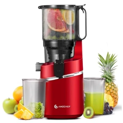Image de AMZCHEF Extracteur de jus automatique Vos mains libres, Ouverture 135 mm et capacité 1,8 L fruits légumes entiers, lent 250W avec triple filtre Rouge